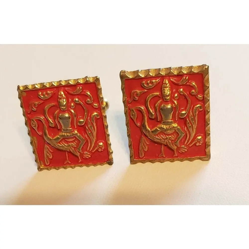 Beautiful‎ Goddess & Swan Red Cuff Links Enamel Unisex Oriental Asian Motif cl-
